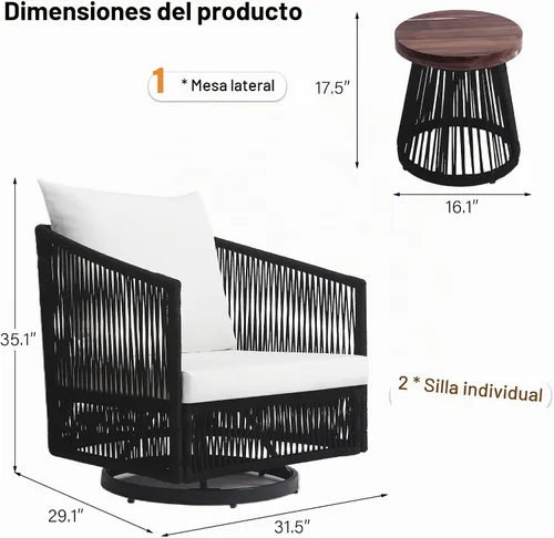Vista 2 de Juego de 3 piezas de bistró giratorio para exteriores con mesa Negro