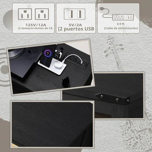 Vista 8 de Soporte grande para tocadiscos con estación de carga y luces LED, soporte de almacenamiento de discos de vinilo negro con capacidad para hasta 230
