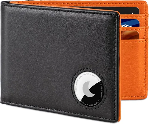Vista 16 de Billetera AirTag para hombre, de piel auténtica plegable con bloqueo Rfid AirTag con ranuras para efectivo y ventana de identificación, compatible