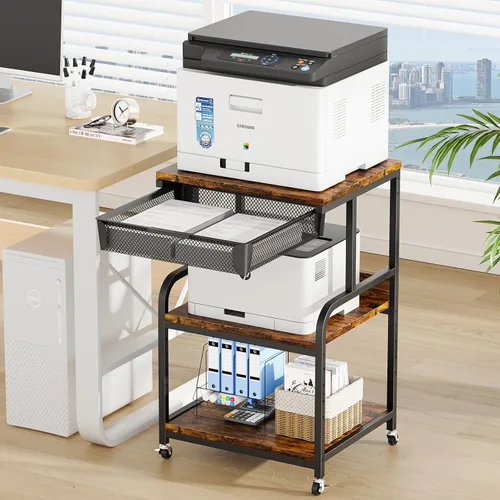 Vista 12 de EasyCom Soporte de impresora grande con cajón de almacenamiento, 5 estantes ajustables y carrito rodante de 3 niveles con ruedas industriales