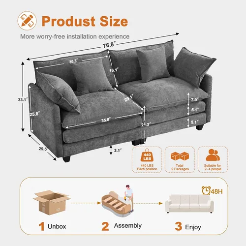 Vista 2 de Juego de sofá de 77" de chenilla en forma de nube con cojines, sofá cama de asiento profundo para apartamentos, 2 plazas que ahorra espacio con Gris