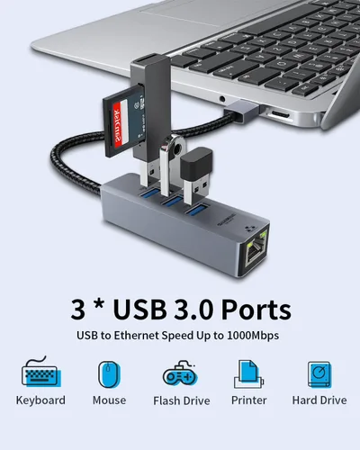Vista 4 de Adaptador USB a Ethernet para computadora portátil, 4 en 1 USB3.0 a RJ45 Hub, 3* USB 3.0, Gigabit 10/100/1000Mbps, soporte para MacBook, Surface