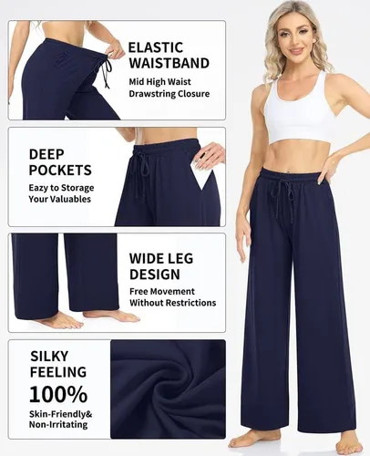 Vista 5 de TARSE Pantalones de yoga de pierna ancha para mujer, pantalones de pijama cómodos de cintura alta con bolsillos, pantalones casuales palazzo