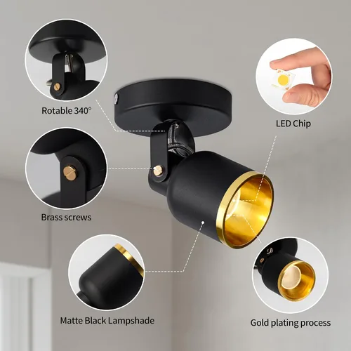 Vista 8 de Aisilan - Foco de techo LED regulable negro y dorado para interiores, ajustable, 180 grados, monopointo, luz blanca cálida, 3000 K, 7 W