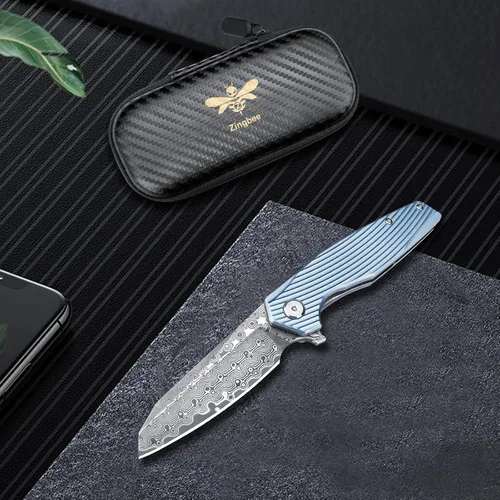 Vista 7 de Zingbee Cuchillo de bolsillo de Damasco de 3.46 pulgadas con clip, mango antideslizante azul DMXQ 1-azul