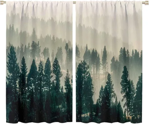 Vista 34 de Cortina de bosque neblinoso, bosque verde brumoso, paisaje natural, pino, alerce, niebla, montaña, oscurecimiento de habitación, puerta, ventana