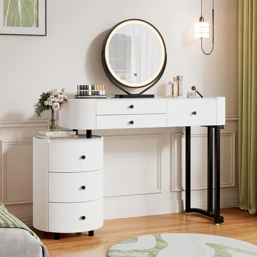 Vista 9 de KDCAS Escritorio redondo de maquillaje con espejo y luces, escritorio moderno de piel sintética con gabinete lateral reversible, mesa de tocador