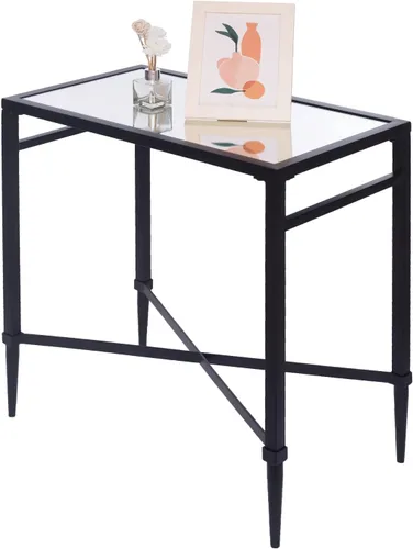 Vista 7 de Mesa auxiliar redonda de 2 niveles, mesa auxiliar de metal negro con parte superior de cristal Modern Metal Clear Coffee Table，Glass and Black