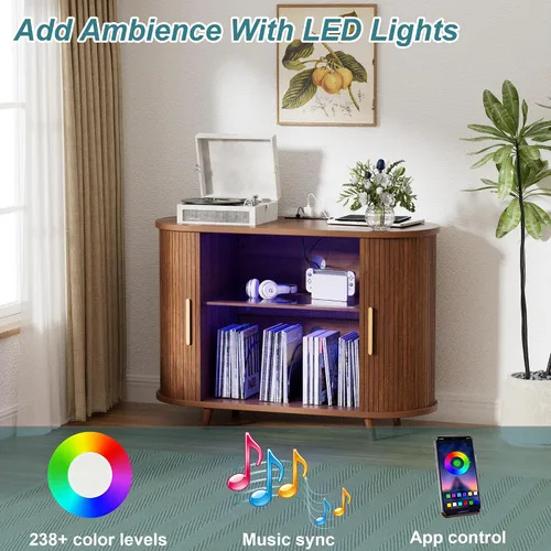 Vista 6 de Soporte grande para tocadiscos con luces LED, almacenamiento de discos de vinilo con estación de carga y puertos USB, gabinete para tocadiscos