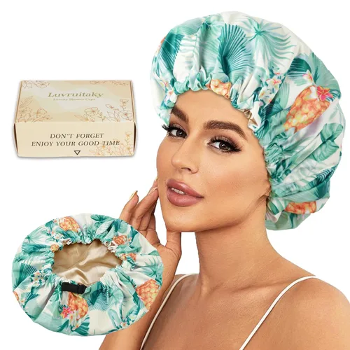 Vista 8 de 2 piezas de gorras de ducha para mujer, gorras de ducha reutilizables impermeables para el cabello con moño ajustable, lujosa gorra de baño para Rosa