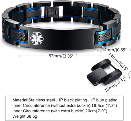 Vista 4 de Free Custom Engraving Medical ID Bracelet 2-tone Blue Black Titanium Steel Heavy Masculine Elaborate Men's Medical Alert Bracelet Wristband Jewelry