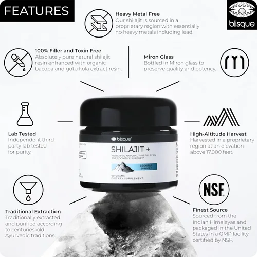 Vista 3 de Blisque - Suplemento de resina Shilajit orgánica pura del Himalaya para apoyo cognitivo con bacopa orgánica y gotu kola Auténtico y natural