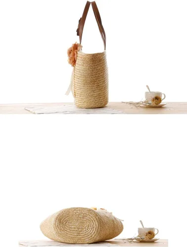 Vista 4 de TONWHAR Woven Straw Shoulder Bag Flower Straw Beach Tote Handbag