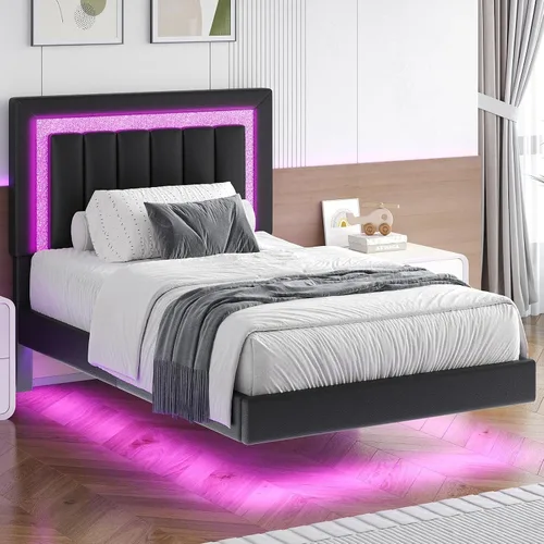 Vista 7 de HOMBCK Base de cama flotante individual con luces LED inteligentes, cama de plataforma tapizada de piel sintética con cabecera de diamante, no Negro