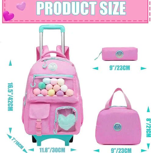 Vista 2 de Mochila con ruedas para niñas, mochila con ruedas, mochilas para primaria con lonchera y equipaje, Rosado, Estética