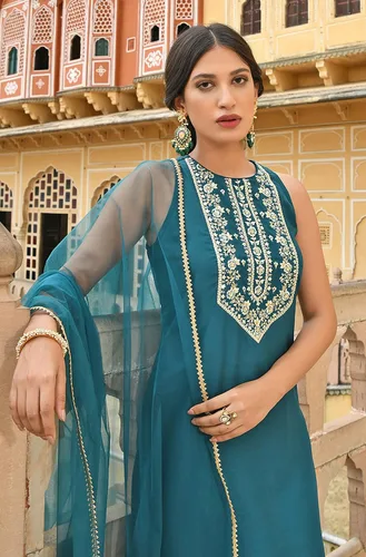 Vista 7 de Janasya Indian - Kurta bordada de seda de poliéster verde azulado para mujer con Sharara y Dupatta
