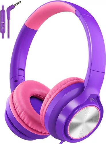 Vista 11 de Voopwink Auriculares para niños con micrófono, auriculares con cable sobre la oreja con volumen limitado de 85 dB/ 94 dB para niños, niñas Negro-Azul