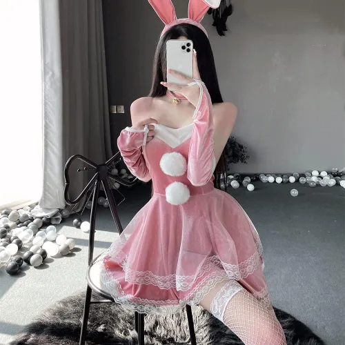 Vista 3 de Body de conejito de cosplay para mujer, lencería sexy de terciopelo de anime japonés