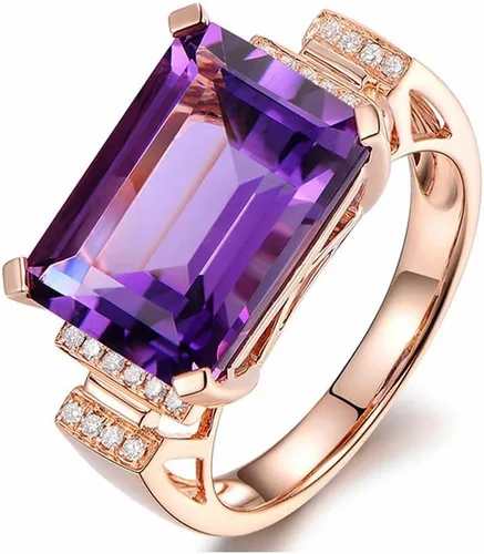 Vista 2 de Anillo rectangular de plata de ley 925 para mujer, con piedras preciosas moradas, oro rosa de 18 quilates, amatista natural, anillo de diamantes
