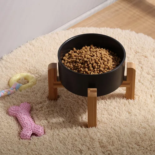Vista 6 de Tazón de cerámica elevado/relevado negro Petygooing para razas pequeñas de perros, plato de comida y agua para perros con soporte, cuenco