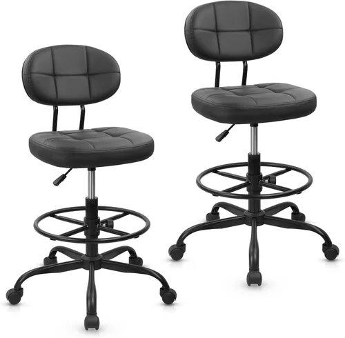 Vista 23 de KLASIKA Silla de dibujo con respaldo, taburete giratorio de cuero sintético ajustable en altura con anillo para el pie, silla de oficina ergonómica