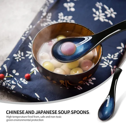 Vista 4 de Geiserailie Juego de 4 cucharas de sopa asiáticas de cerámica con mango largo, cucharas chinas retro azules, cucharas japonesas para ramen