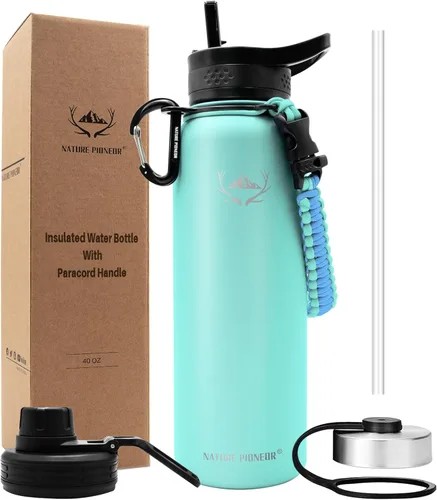 Vista 13 de NATURE PIONEOR Botellas de agua aisladas con mango de paracord - Botella de agua deportiva al vacío de boca ancha de 32 onzas con 3 tapas, acero
