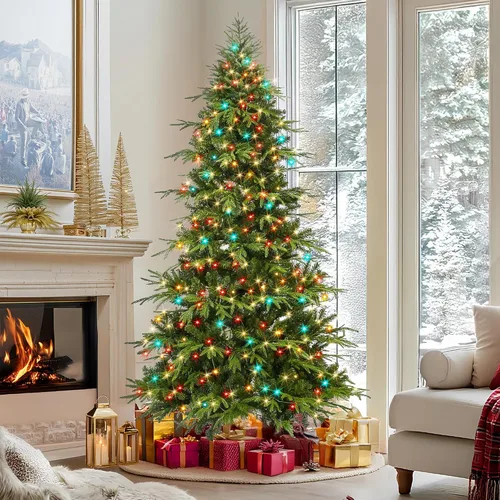 Vista 2 de HOLLO STAR Árbol de Navidad de lápiz preiluminado de 6 pies con 300 luces LED, control por aplicación, árbol de Navidad artificial Aspen, luces RGBW