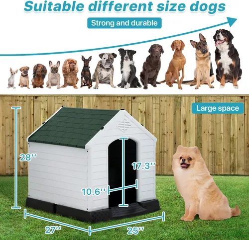 Vista 7 de Casa para perros para interiores y exteriores, impermeable, ventilada, de plástico, jaula de refugio para mascotas con ventilación y suelo elevado