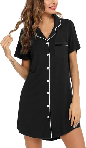 Vista 167 de Samring Camisón de pijama para mujer, manga corta/larga, con botones, camisón para dormir, camisón para novio, talla XXL