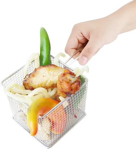 Vista 4 de Cesta para freidora, mini cestas de papas fritas, red de acero inoxidable sólido, colador cuadrado, herramienta con mango antideslizante