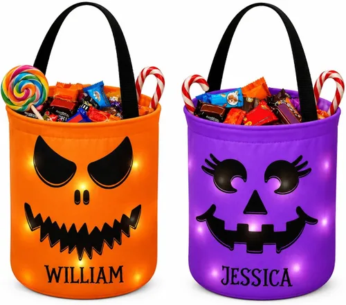 Vista 5 de IZI POD Bolsa LED personalizada de fantasma, bolsa de cubo de luz de Halloween con Nama, cesta de dulces personalizada para niños Diseño 3