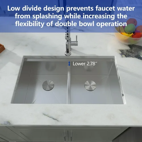 Vista 5 de Dcolora DC-U-1111 - Fregadero de cocina de 33 pulgadas con doble tazón, estación de trabajo de acero inoxidable 50/50 dividida baja dividida calibre