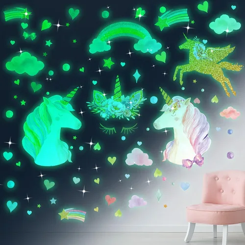 Vista 6 de Calcomanías de pared con estrellas que brillan en la oscuridad, calcomanías murales de unicornio brillantes con flores de arco iris, corazón, nubes