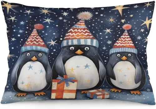 Vista 17 de Fundas de almohada con diseño de pingüinos de Navidad de 12 x 20 pulgadas, diseño de pingüinos en acuarela de Navidad, fundas de almohada