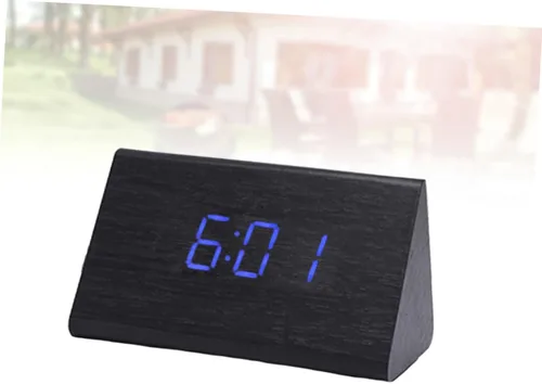 Vista 5 de Moderno reloj de escritorio LED de madera con control de sonido, pantalla digital grande, alarma con función de repetición, termómetro