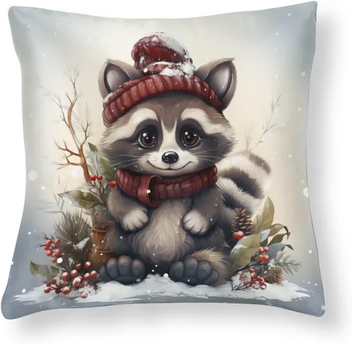 Vista 14 de Almohadas grandes para sofá de 16 x 16 pulgadas, diseño de mapache de dibujos animados, Navidad, nieve, invierno, cuadradas, de satén, funda