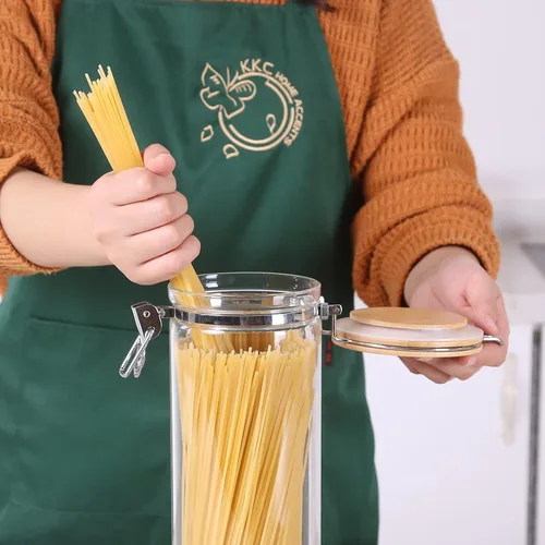 Vista 6 de Tarros de vidrio de borosilicato transparente con abrazadera de bloqueo hermético, tapas de bambú para cocina, sin BPA