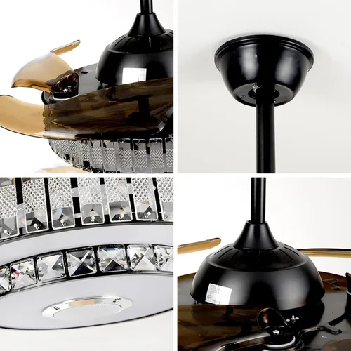 Vista 4 de Ventilador de techo retráctil de 42 pulgadas con luz y control remoto, candelabro negro cristal, moderno, comedor