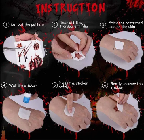 Vista 7 de Tatuajes de Halloween, 30 hojas de tatuaje temporal, tatuajes realistas de Halloween, cicatrices de zombies, tatuajes falsos sangrantes para heridas