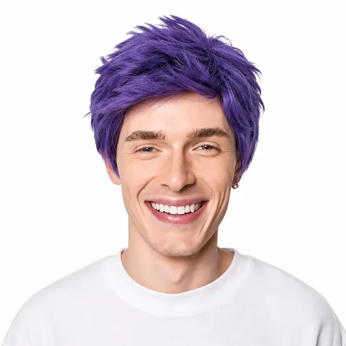 Vista 3 de Peluca morada para hombre, corta, recta, en capas, peluca morada, resistente al calor, reemplazo de cabello sintético Púrpura