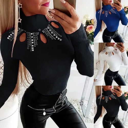 Vista 7 de Women's Knitted Sweater Top Casual Long Sleeve Turtleneck Cut Hollow Rhinestone Pullover Lightweight Fit T Shirt Sweater