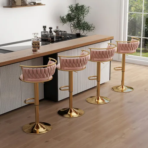 Vista 21 de Juego de 2 taburetes de bar giratorios de 360°, silla de bar de terciopelo ajustable a altura de mostrador moderna, taburete de metal plateado