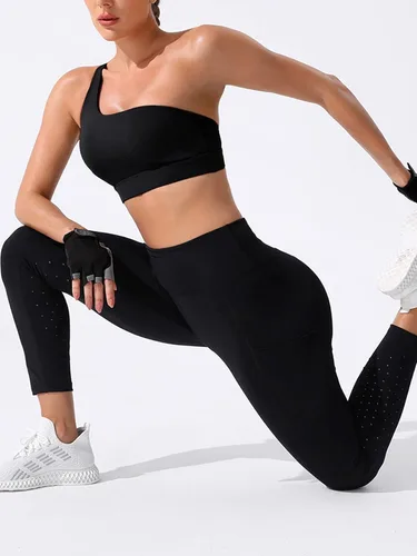 Vista 4 de Verdusa Sujetador deportivo de entrenamiento con un hombro descubierto para mujer, brasier deportivo para yoga