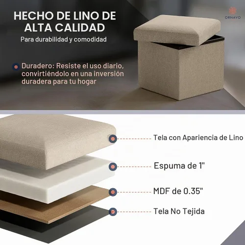 Vista 4 de Ornavo Home Otomana cuadrada pequeña de almacenamiento, lino plegable Topo