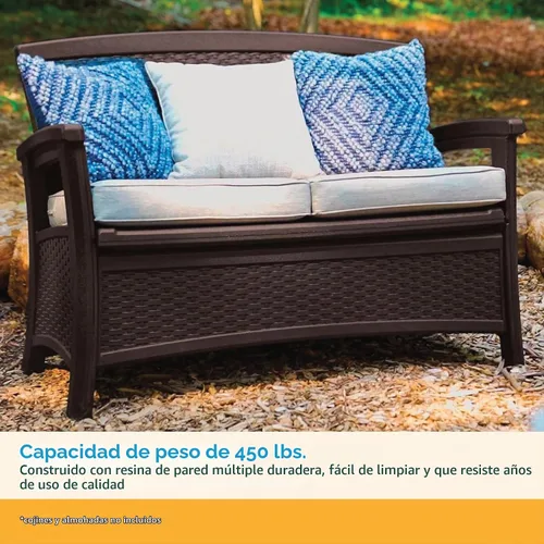 Vista 6 de Suncast Banco de mimbre para exterior con almacenamiento de 23 galones, asientos cómodos para dos, respaldo ergonómico, muebles para todo