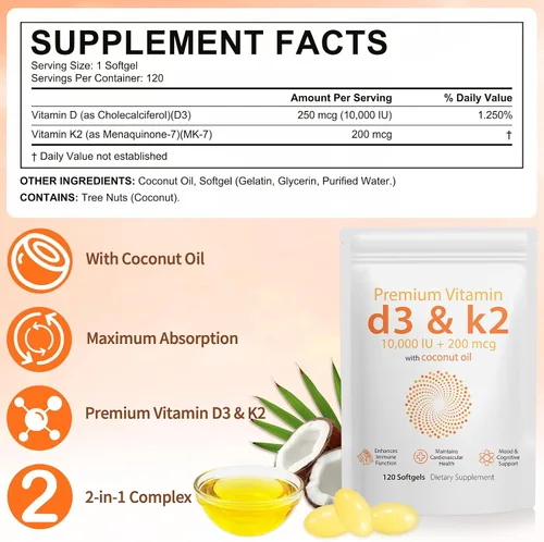 Vista 6 de Daiasns Vitamina D3 K2 10000iu apoya la salud muscular y cerebral - Suplemento D3 K2 de alta potencia que ayuda en el apoyo inmunológico