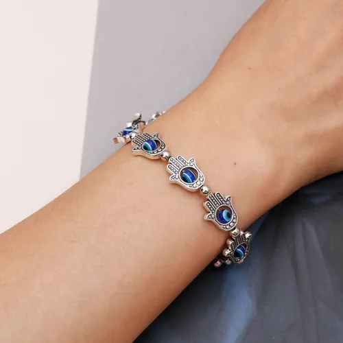 Vista 2 de Zeshimb Pulsera Hamsa de ojo turco con cuentas de cristal, pulsera de mano de Fátima elástica lateral con ojo azul Hamsa, pulsera turca de mal