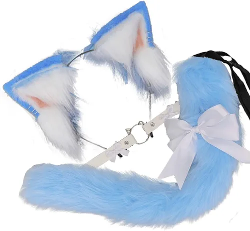 Vista 10 de VIGVAN Juego de orejas y cola de cosplay de animales, lobo, zorro, gato, mapache (blanco bronceado)