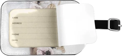 Vista 3 de Lindos cachorros de Bulldog Inglés que juegan aislados, 2 piezas, etiqueta de identificación de privacidad con anillo de acero inoxidable y tarjeta